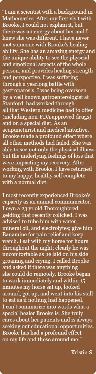 Kristen S testimonial. Brooke was able to see not only the physical illness but the underlying feelings of loss that were impacting my recovery.